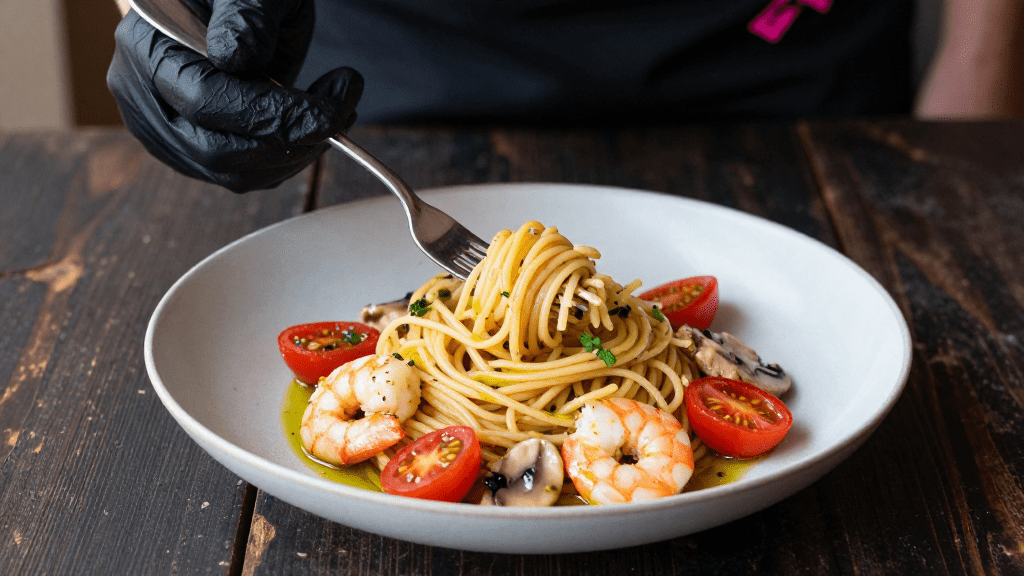 Espaguetis (o Ñoquis) con Champiñones, Cherrys y&nbsp;Gambas