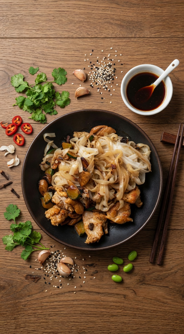 NOODELS DE ARROZ CON POLLO ,CHAMPIÑONES y&nbsp;TERIYAKI
