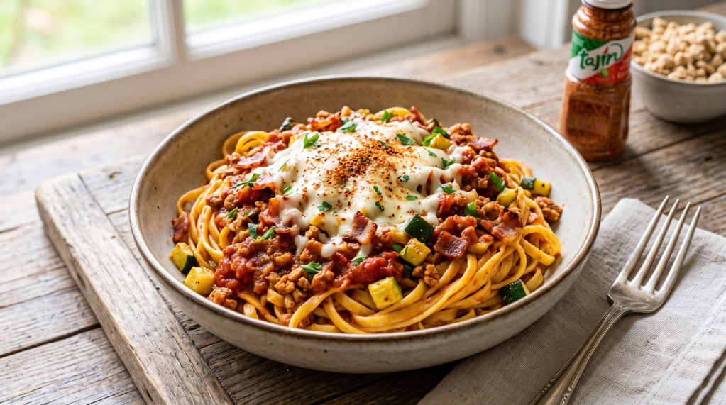 🍝 PASTA AL HUEVO CON SOJA TEXTURIZADA, BEICON CRUNCHI Y TOQUE SALVAJE DE TAJÍN&nbsp;🍝