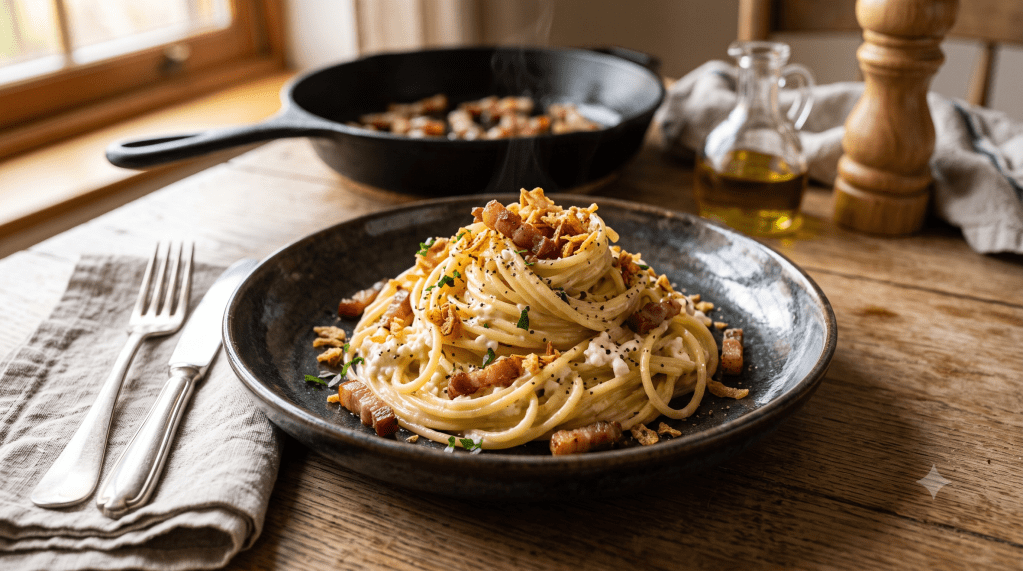 🍝 ESPAGUETIS CARBONARA «REBELDES» CON COTTAGE Y GUANCIALE&nbsp;CRUNCHI