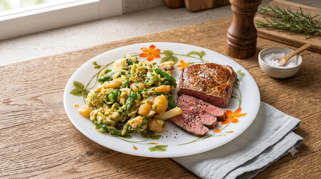 🥩 FILETE DE TERNERA AL PUNTO CON REVUELTO DE ESPÁRRAGOS, GAMBAS Y SETAS&nbsp;🥩